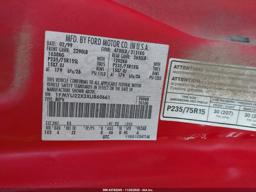 1999 Ford Explorer Sport VIN: 1FMYU22X3XUB60661 Lot: 43762249