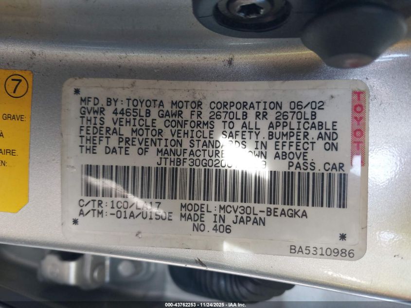 2002 Lexus Es 300 VIN: JTHBF30G020077569 Lot: 43762253