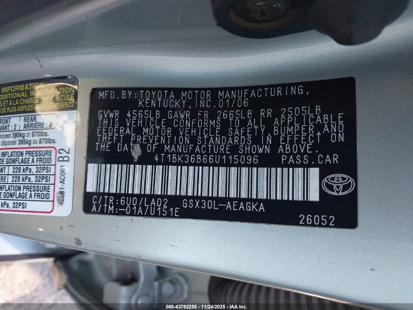 2006 Toyota Avalon Xls VIN: 4T1BK36B66U115096 Lot: 43762258