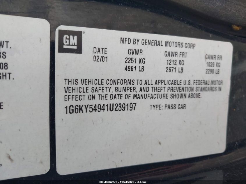 2001 Cadillac Seville Sts VIN: 1G6KY54941U239197 Lot: 43762270