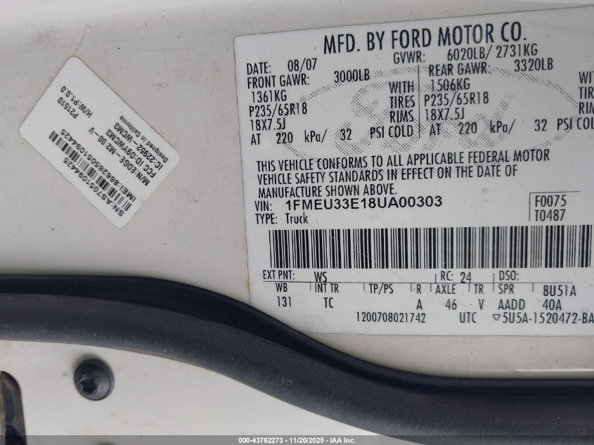 2008 Ford Explorer Sport Trac Limited VIN: 1FMEU33E18UA00303 Lot: 43762273