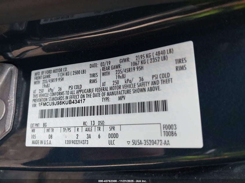 1FMCU9J98KUB43417 2019 FORD ESCAPE photo no. 9