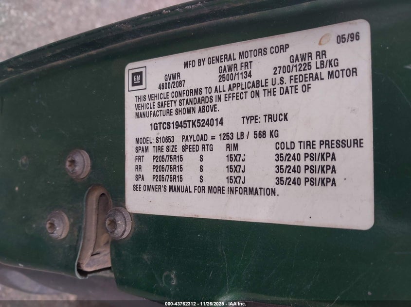 1996 GMC Sonoma VIN: 1GTCS1945TK524014 Lot: 43762312