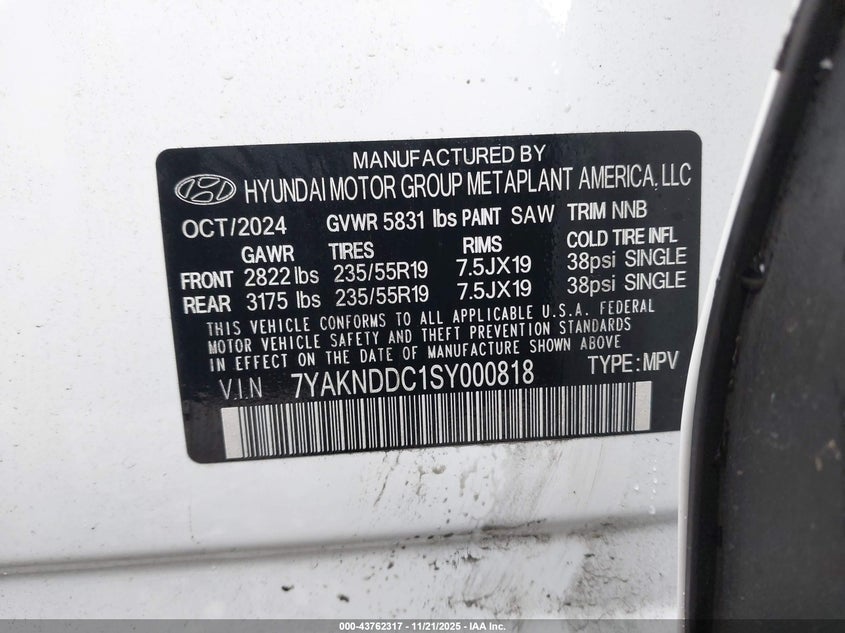 2025 Hyundai Ioniq 5 Sel VIN: 7YAKNDDC1SY000818 Lot: 43762317
