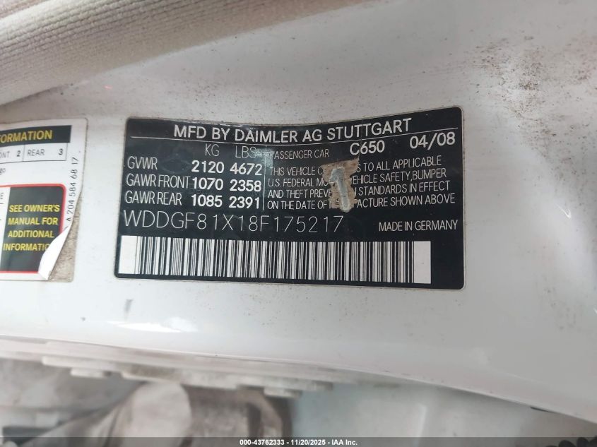 2008 Mercedes-Benz C 300 Luxury 4Matic/Sport 4Matic VIN: WDDGF81X18F175217 Lot: 43762333