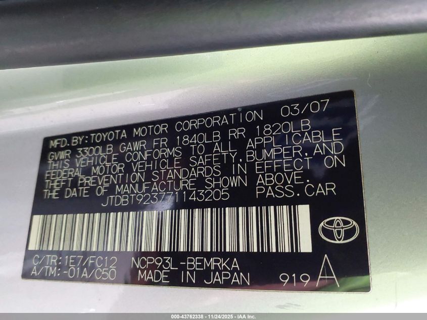 2007 Toyota Yaris VIN: JTDBT923771143205 Lot: 43762338