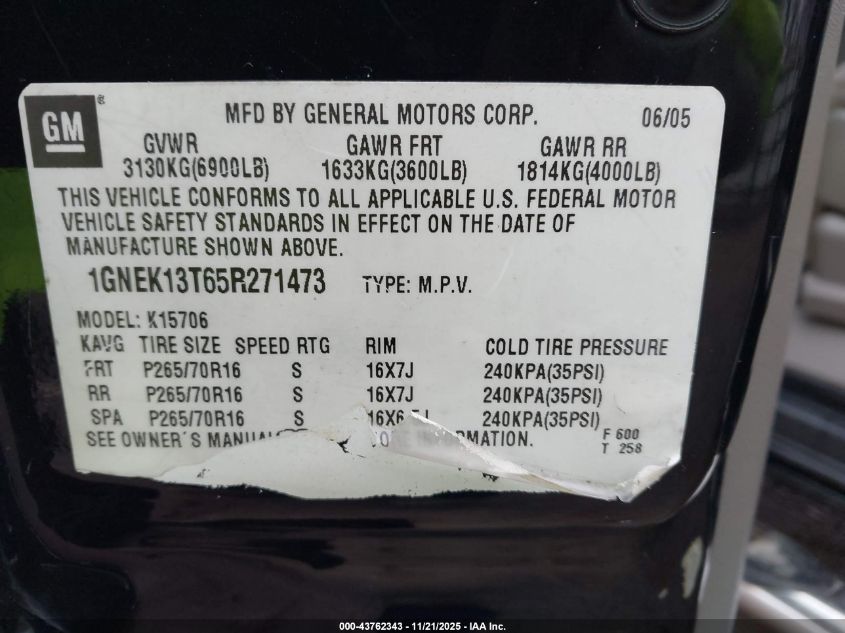 2005 Chevrolet Tahoe Ls VIN: 1GNEK13T65R271473 Lot: 43762343