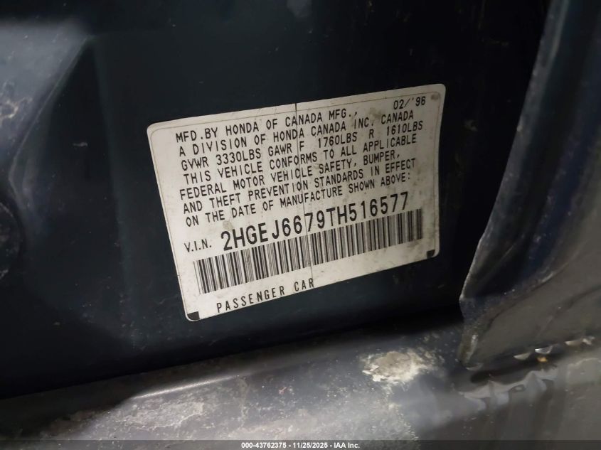 1996 Honda Civic Lx VIN: 2HGEJ6679TH516577 Lot: 43762375