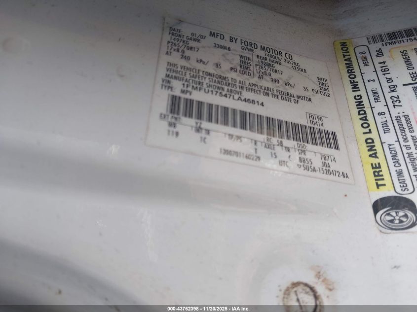 2007 Ford Expedition Eddie Bauer VIN: 1FMFU17547LA46814 Lot: 43762398