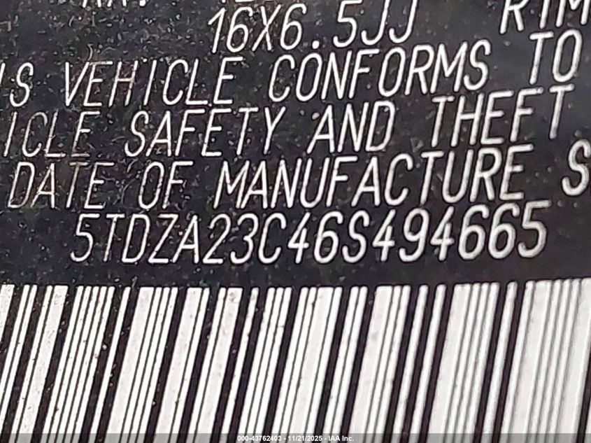 2006 Toyota Sienna Ce VIN: 5TDZA23C46S494665 Lot: 43762403