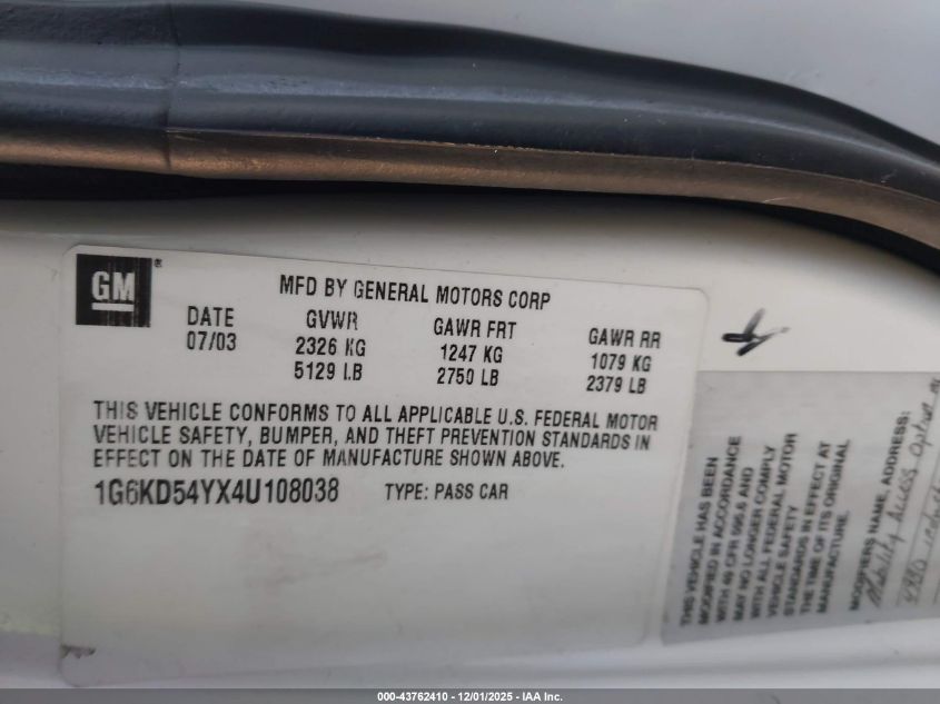 2004 Cadillac Deville Standard VIN: 1G6KD54YX4U108038 Lot: 43762410