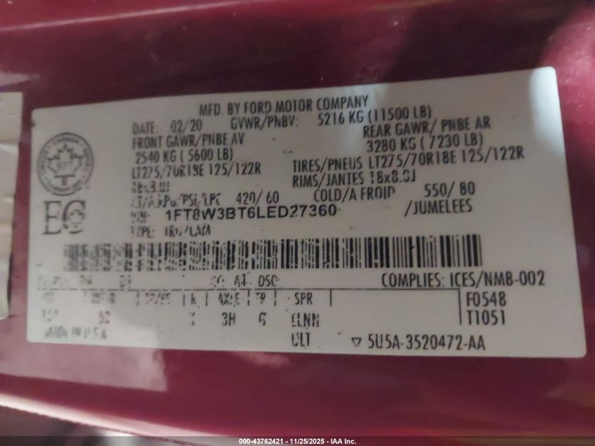 2020 Ford F-350 Lariat VIN: 1FT8W3BT6LED27360 Lot: 43762421