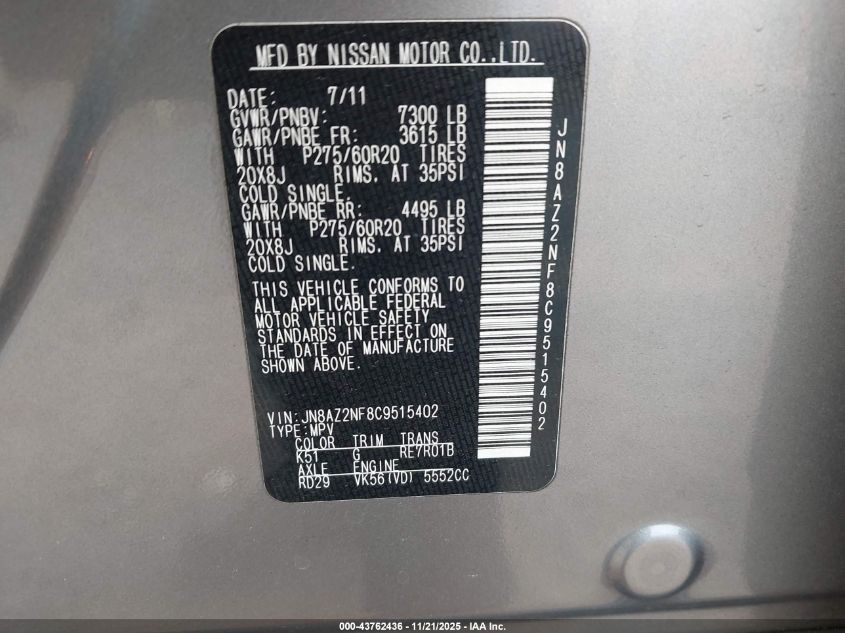 2012 Infiniti Qx56 VIN: JN8AZ2NF8C9515402 Lot: 43762436