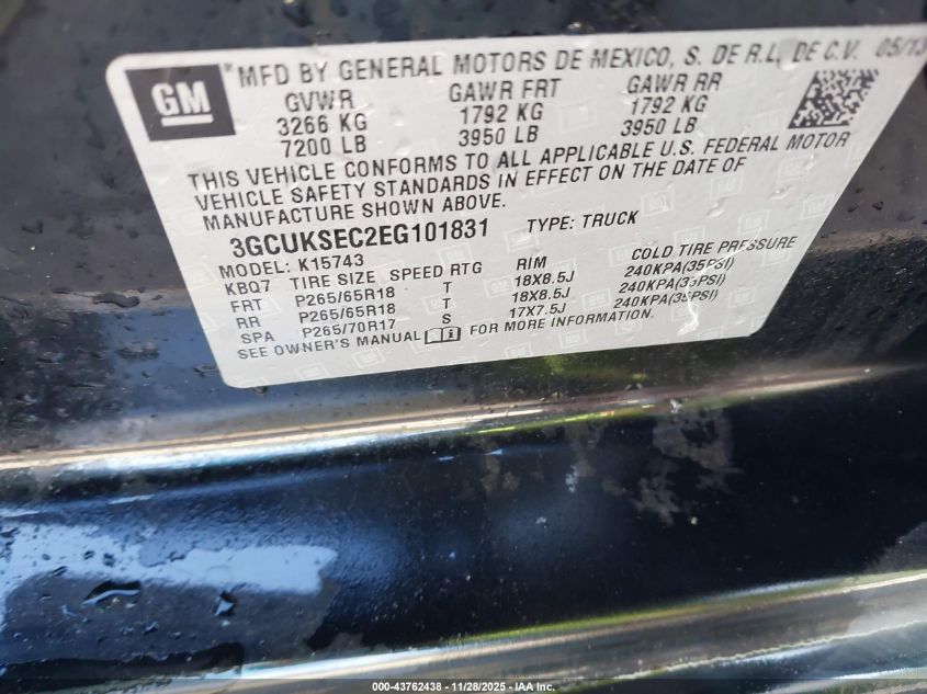 2014 Chevrolet Silverado 1500 2Lz VIN: 3GCUKSEC2EG101831 Lot: 43762438