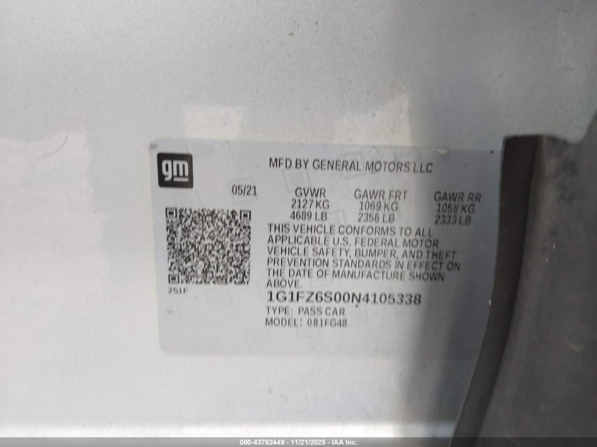 2022 Chevrolet Bolt Euv Fwd Premier VIN: 1G1FZ6S00N4105338 Lot: 43762449