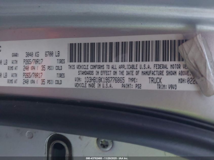 2009 Dodge Ram 1500 St VIN: 1D3HB18K19S776865 Lot: 43762468