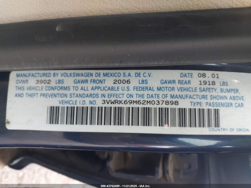 2002 Volkswagen Jetta Gl VIN: 3VWRK69M62M037898 Lot: 43762469