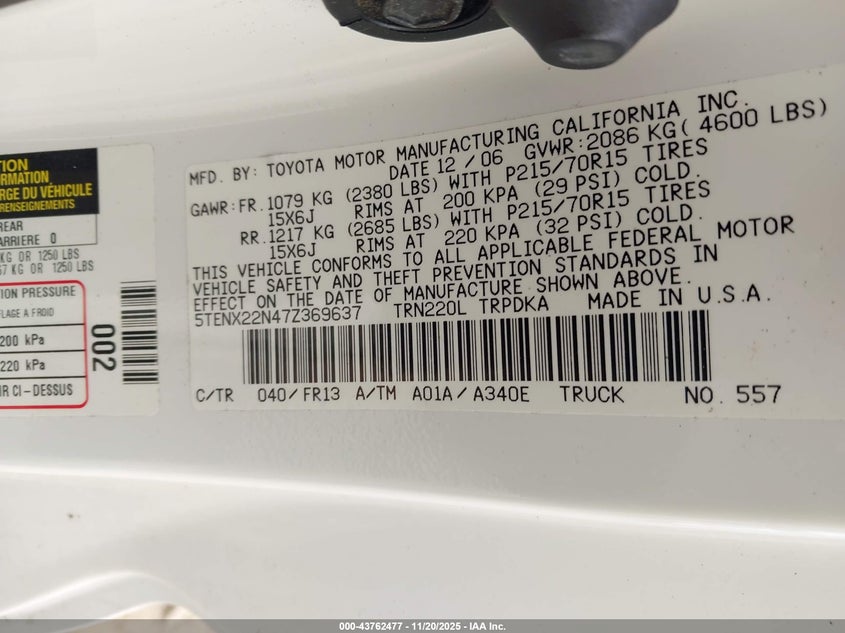 5TENX22N47Z369637 2007 TOYOTA TACOMA photo no. 9