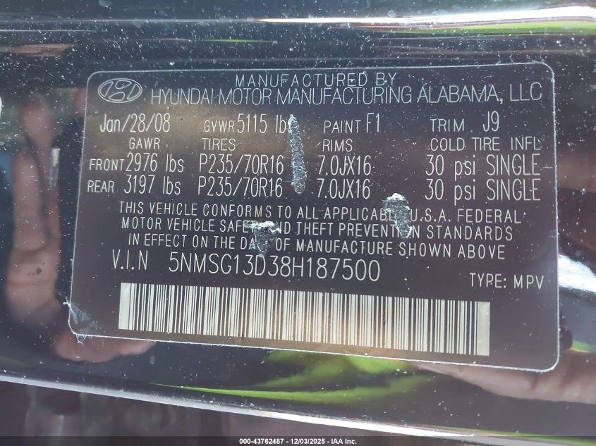 2008 Hyundai Santa Fe Gls VIN: 5NMSG13D38H187500 Lot: 43762487