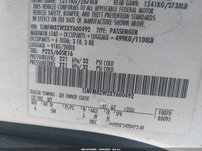 1999 Lincoln Town Car Signature VIN: 1LNFM82W2XY600492 Lot: 43762495