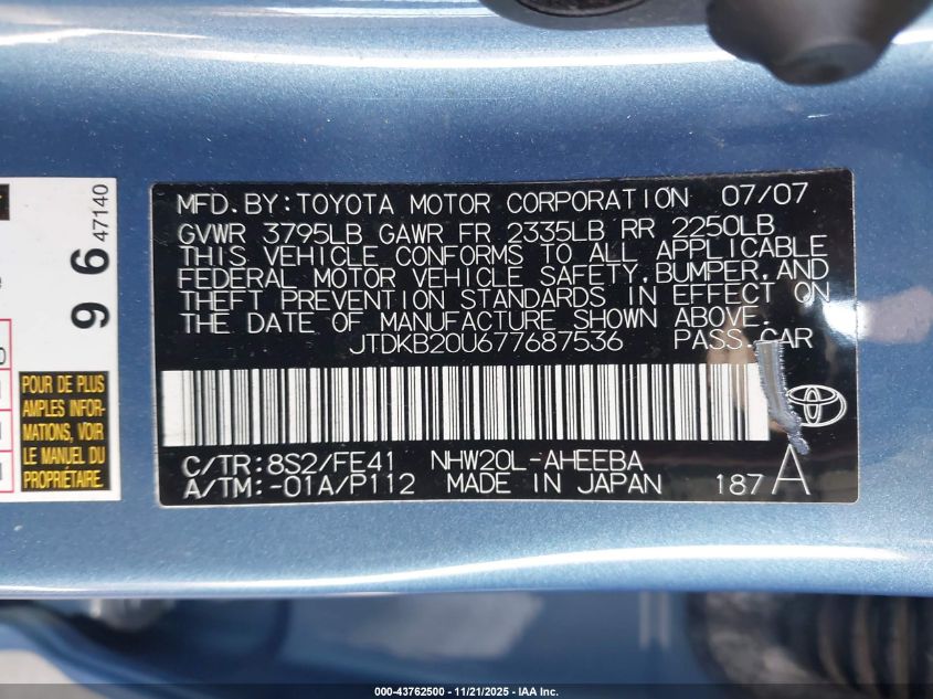 2007 Toyota Prius Touring VIN: JTDKB20U677687536 Lot: 43762500