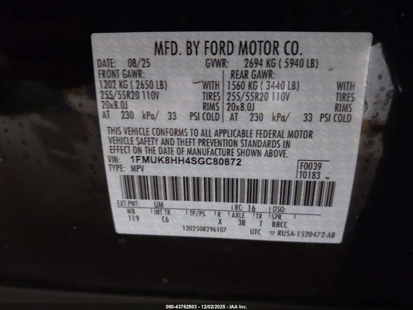 2025 Ford Explorer Platinum VIN: 1FMUK8HH4SGC80872 Lot: 43762503