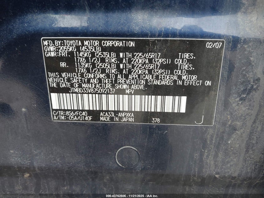 2007 Toyota Rav4 VIN: JTMBD33V875092137 Lot: 43762506
