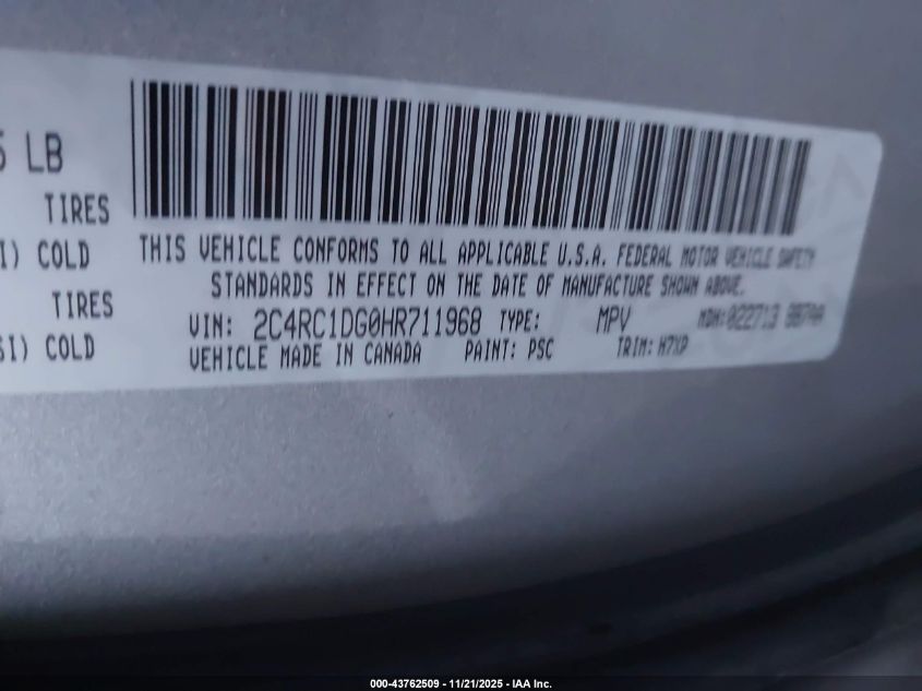 2017 Chrysler Pacifica Touring VIN: 2C4RC1DG0HR711968 Lot: 43762509