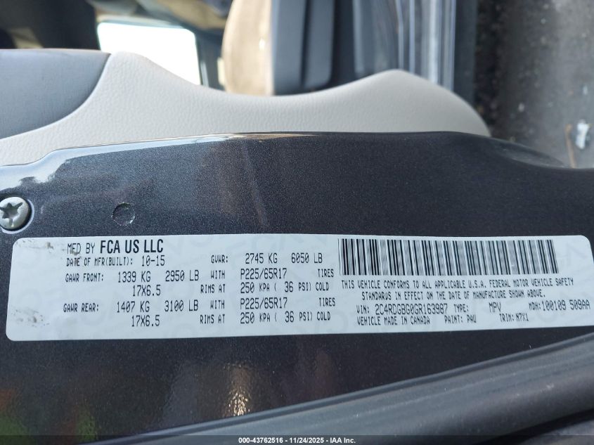 2016 Dodge Grand Caravan Se Plus VIN: 2C4RDGBG0GR163987 Lot: 43762516