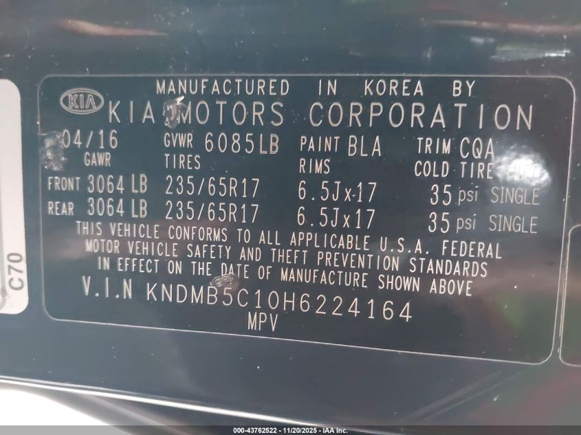 2017 Kia Sedona Lx VIN: KNDMB5C10H6224164 Lot: 43762522