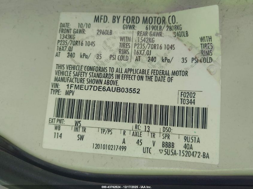 2010 Ford Explorer Xlt VIN: 1FMEU7DE6AUB03552 Lot: 43762524