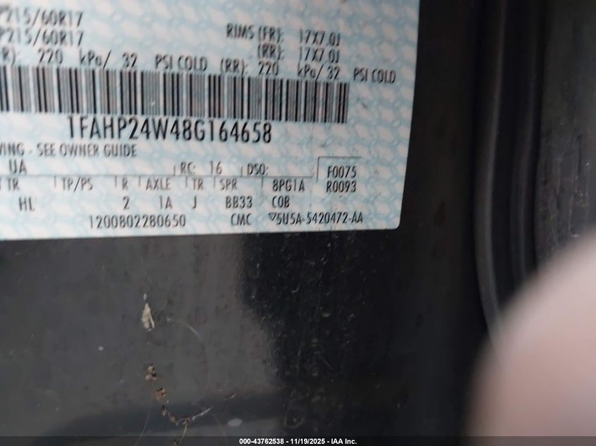 2008 Ford Taurus Sel VIN: 1FAHP24W48G164658 Lot: 43762538