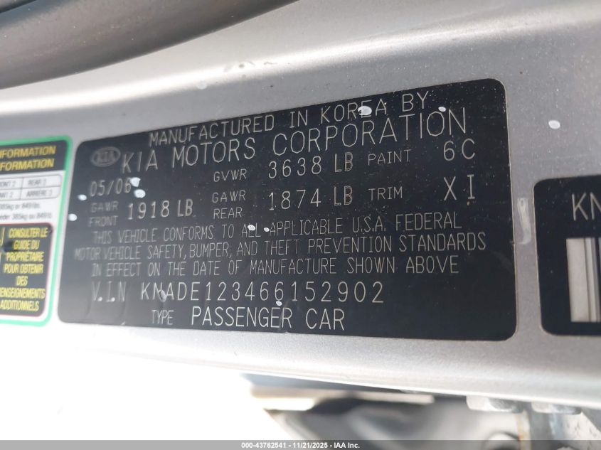 2006 Kia Rio Lx VIN: KNADE123466152902 Lot: 43762541