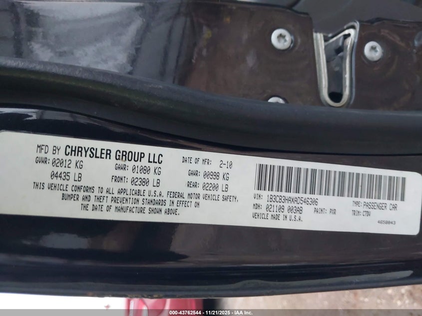 2010 Dodge Caliber Mainstreet VIN: 1B3CB3HAXAD546306 Lot: 43762544