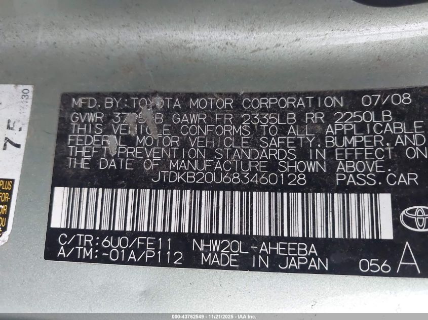 2008 Toyota Prius VIN: JTDKB20U683460128 Lot: 43762549