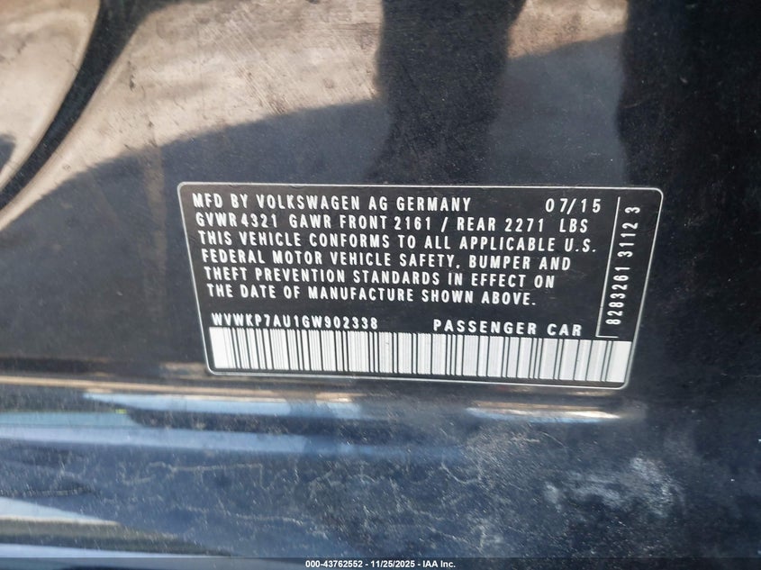 2016 Volkswagen E-Golf Se VIN: WVWKP7AU1GW902338 Lot: 43762552