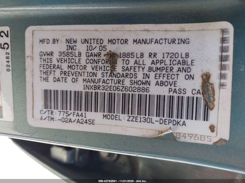 2006 Toyota Corolla Ce VIN: 1NXBR32E06Z602886 Lot: 43762581