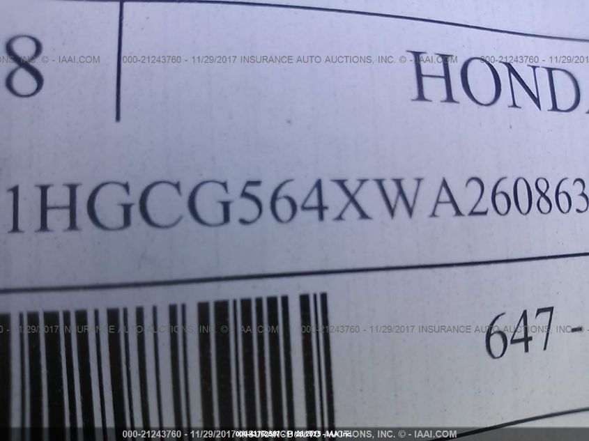 1998 Honda Accord Lx VIN: 1HGCG564XWA260863 Lot: 43762587