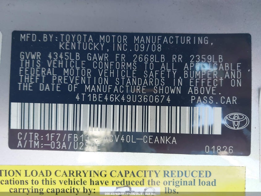 2009 Toyota Camry Le VIN: 4T1BE46K49U360674 Lot: 43762591