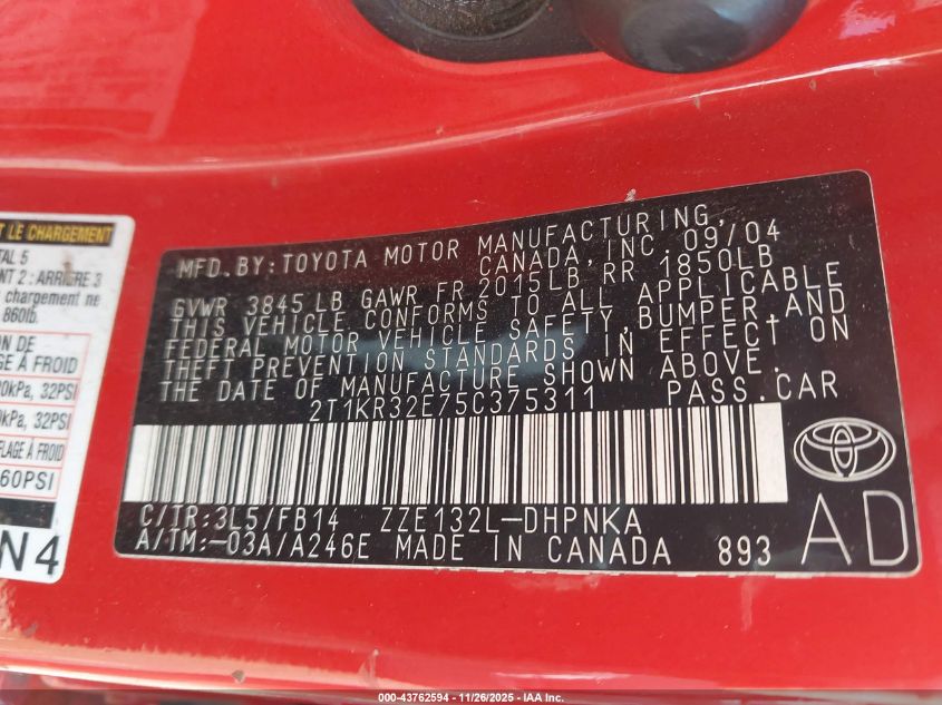 2005 Toyota Matrix Xr VIN: 2T1KR32E75C375311 Lot: 43762594