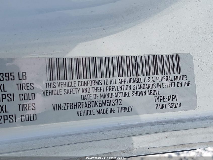 2019 Ram Promaster City Tradesman VIN: ZFBHRFAB0K6M51332 Lot: 43762598