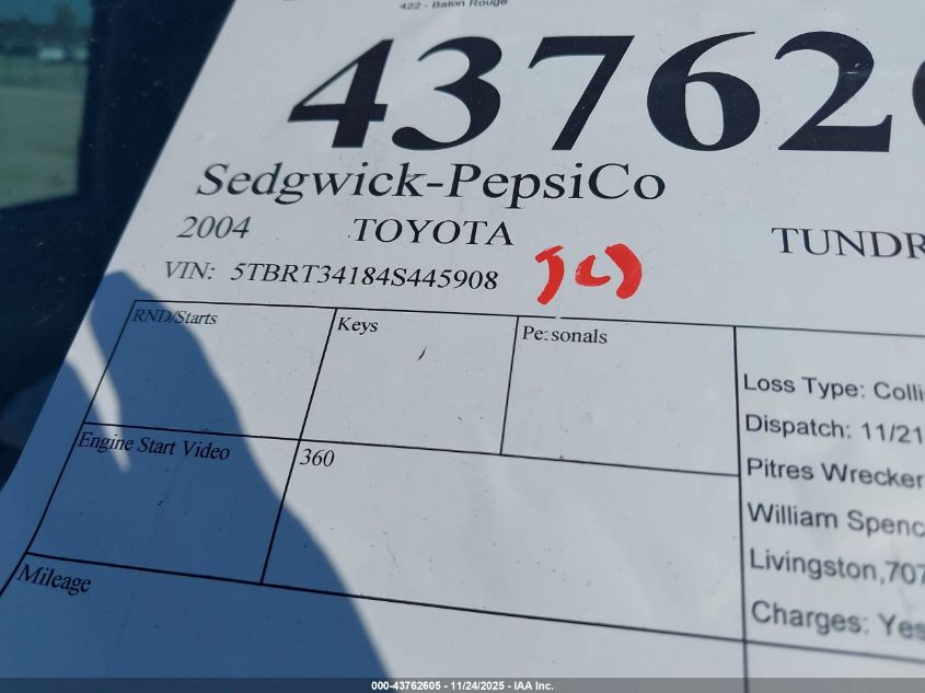 2004 Toyota Tundra Sr5 V8 VIN: 5TBRT34184S445908 Lot: 43762605