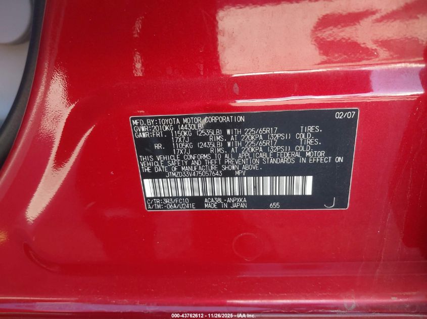 2007 Toyota Rav4 VIN: JTMZD33V475057643 Lot: 43762612