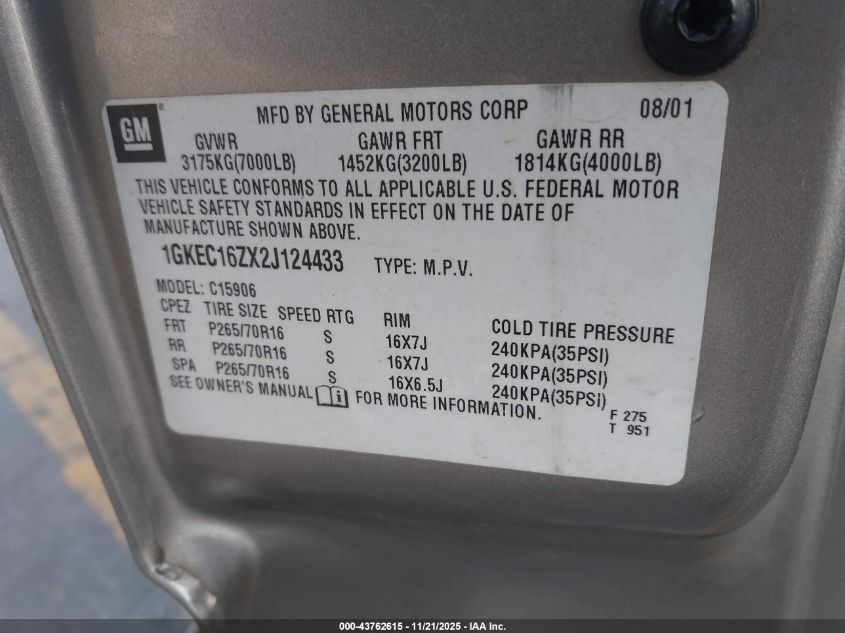 2002 GMC Yukon Xl 1500 Slt VIN: 1GKEC16ZX2J124433 Lot: 43762615