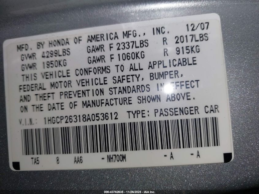 2008 Honda Accord 2.4 Lx VIN: 1HGCP26318A053612 Lot: 43762635