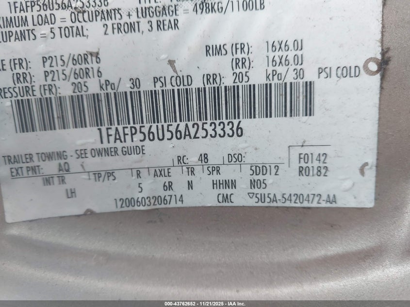 2006 Ford Taurus Sel VIN: 1FAFP56U56A253336 Lot: 43762652