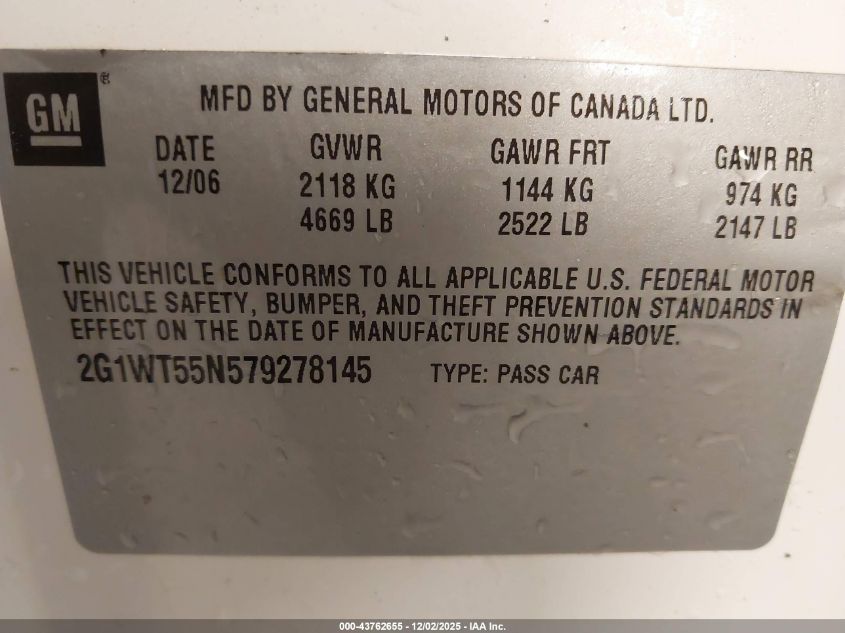 2007 Chevrolet Impala Lt VIN: 2G1WT55N579278145 Lot: 43762655