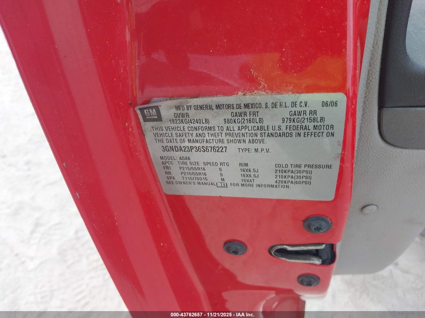 2006 Chevrolet Hhr Lt VIN: 3GNDA23P36S676227 Lot: 43762657