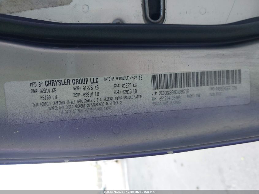 2012 Dodge Charger Se VIN: 2C3CDXBG0CH286716 Lot: 43762676