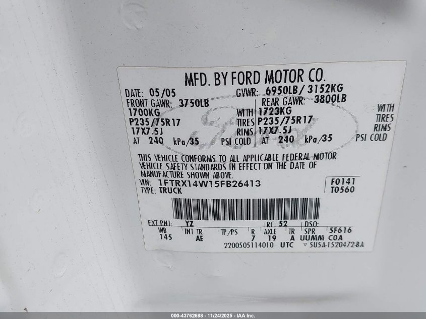 2005 Ford F-150 Stx/Xl/Xlt VIN: 1FTRX14W15FB26413 Lot: 43762688